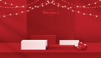 Podium shape for show cosmetic product display for christmas day or new years. Stand product showcase on red background with lighting christmas. design. vector
