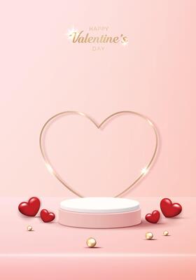 Happy valentines day and stage podium decorated with heart shape. pedestal scene with for product, cosmetic, advertising, show, award ceremony, on pink background and light. design.
