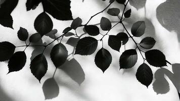 Monochrome capture of a leafy branch illuminated by sunlight, casting artistic shadows on a white backdrop video