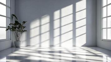 Large windows letting in sunlight to illuminate an empty white room with a tree outside, casting beautiful shadows background video