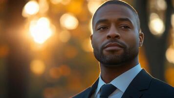 Confident businessman posing in a peaceful park during golden hour, surrounded by the warm autumn glow of leaves video
