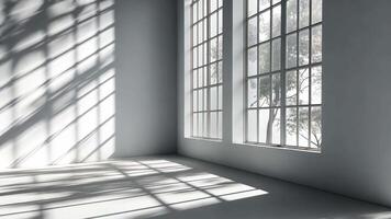 Large windows letting in sunlight to illuminate an empty white room with a tree outside, casting beautiful shadows background video