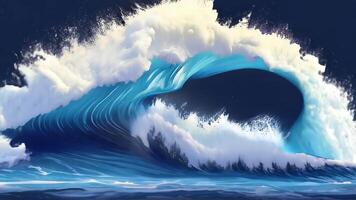Dramatic nighttime ocean waves crashing, creating a stunning foam and spray display that enhances the seascape video