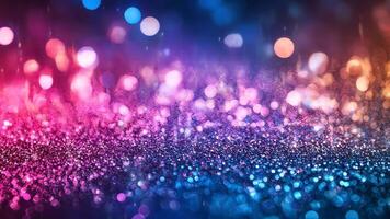Magical and festive atmosphere created by glittering particles and colorful bokeh lights in abstract background video