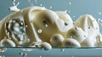 Milk splashes in a crown shape against a light blue backdrop, creating a captivating and dynamic visual video