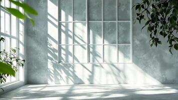 Large windows letting in sunlight to illuminate an empty white room with a tree outside, casting beautiful shadows background video