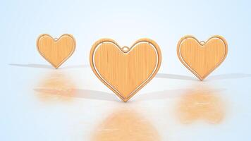 Heart Shape Keychains on a Reflective Floor. Wooden Textured Keychains. 4K video