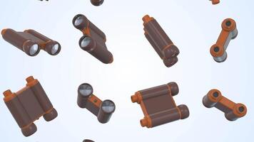 Stylized Binoculars Falling on a Light Background. Binoculars 3D Animation. 4K video