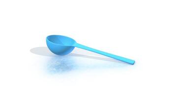 Plastic Scoop Spoon on a White Reflective Floor. Measuring Spoon 3D Animation. 4K video