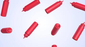 Sauce Bottles Falling on a Light Background. Squeeze Bottles 3D Animation. 4K video