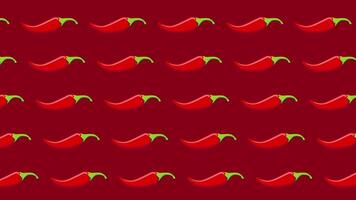 Animation of playful design featuring a repeating pattern of chili peppers on a rich red background, ideal for food related themes video
