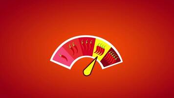 Animation of creative representation of a chili heat meter with various chili peppers, set against a warm red background, perfect for culinary project video