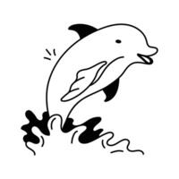 A stylized black and white graphic of a dolphin leaping playfully out of the water vector