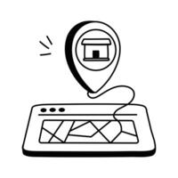A store location pin icon connected to a digital map displayed on a tablet or phone screen vector