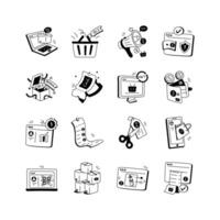 A collection of simple, hand drawn icons representing various e commerce and retail concepts vector