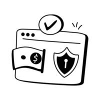 A simple, black and white icon depicting a secure online payment process vector