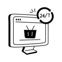 A computer monitor displaying an online shopping cart, with a 24, 7 icon vector
