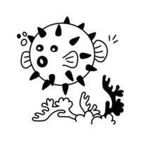 Hand drawn icon of puffer fish in modern style vector