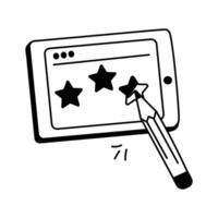 A tablet displaying three stars and a stylus in the process of rating or reviewing a product vector