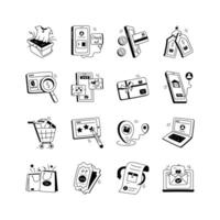 Hand drawn icons depicting various aspects of e-commerce and online shopping vector