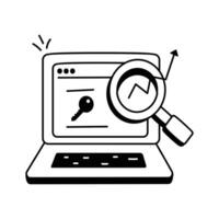 Illustration of a laptop computer with a magnifying glass focused on a website vector