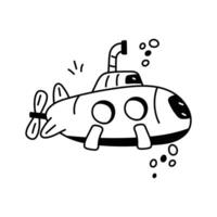A simple, black and white hand drawn icon of an underwater submarine vector