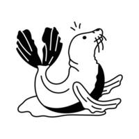 A stylized, black and white line drawing of a playful fur seal vector