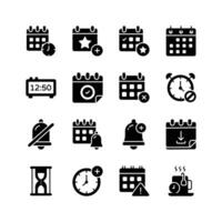 Icons represents various time management functions, including calendars, clocks, alarms, and reminders vector