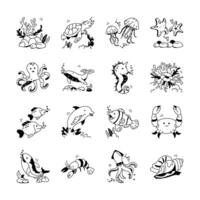 Take a look at this amazing underwater creatures hand drawn icons set vector