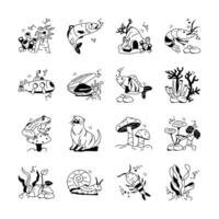 This set of icons depicts various aquatic creatures and elements, including fish, shrimp, a submarine, an otter, mushrooms, seaweed, and a snail vector
