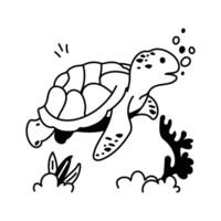 A friendly swimming turtle underwater with bubbles and sea plants vector