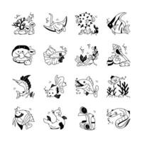 A collection of icons of various aquatic animals, including fish, rays, seahorses, pufferfish, and more, in a simplified, cartoonish style vector