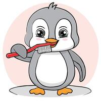 Cartoon character Penguin brushing teeth with toothbrush vector
