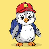 Cartoon character Penguin with backpack goes to school, yellow background vector
