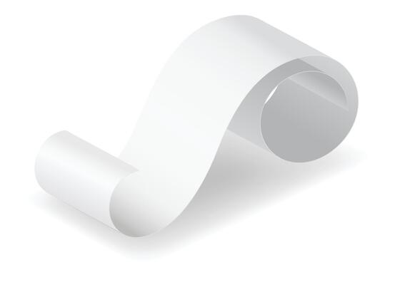 Payment check and receipts with shadow. Curved financial paper, purchase invoice. Buying, bill or calculate pay. Receipt the seller forms