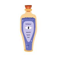 Lovely cartoon magic potion with purple liquid, all seeing eye on label, elegant lid. Hand drawn witchcraft or alchemy elixir in glass vial, jar. Cute mystery and esoteric sign isolated on background. vector