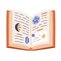 Lovely cartoon open wizard spell book with mysterious text on pages and esoteric symbols of crystal, sun with crescent, star in circle. Hand drawn antique magical manuscript isolated on background vector