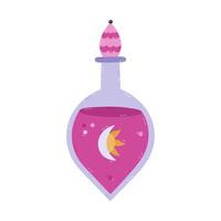 Lovely cartoon magic potion in round glass vial with esoteric symbol on label of moon and sun, pink liquid. Cute hand drawn elixir for magical transformation, wizard spell, mystery ritual isolated. vector