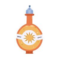 Lovely cartoon magic potion in round bottle with sun symbol on label, vintage lid for sunshine energy. Hand drawn esoteric and alchemy elixir in glass jar of witch and wizard isolated on white. vector