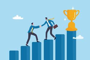 Manager support mentor or guidance help to reach success, consultant, assistance expert to help achieve business goal concept, businessman manager help employee to climb up to reach success trophy. vector