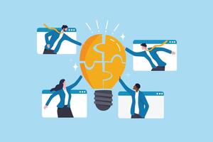 Team idea, teamwork solving problem, office meeting discussion brainstorm, innovation or creativity to success concept, business people staff, employees work together complete lightbulb jigsaw puzzle. vector