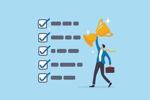 Habits or routine to success, checklist or factors to succeed and achieve goal, winner progress, planning, procedure or process concept, success businessman holding winner trophy with habit checklist. vector