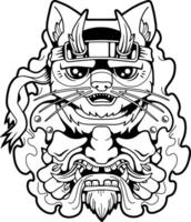 Funny cat samurai, outline illustration design vector