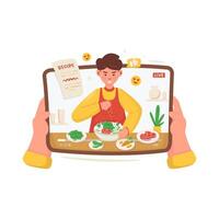 Food vlogger character with online cooking tutorial cartoon illustration vector