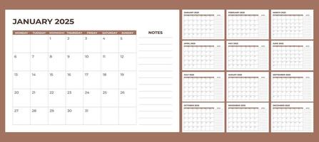 calendar 2025 with monday start include notes vector