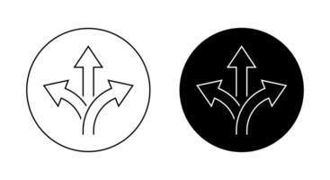 Three way arrow outline icon on black circle. 3 direction arrows sign symbol vector