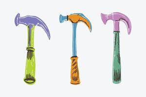 set of colorful ax hammers illustration with hand drawing sketch doodle style vector