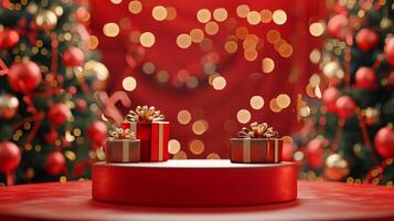 Luxury red circular podium for product display presentation with Christmas ornament copy space background photo