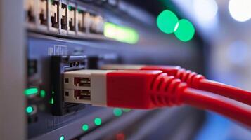 Internet cable being plugged into a network port device technology copy space background photo
