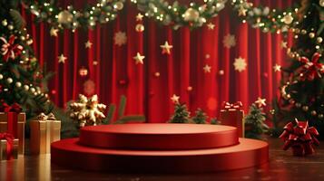 Christmas red circular podium for product display presentation copy space background photo